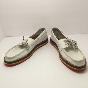 Sperry Stacked Pride Boat Shoes White Leather Women's Size 10 Rainbow Sole